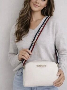 Tommy Hilfiger Pebbled Crossbody Bag White Logo Strap Gold Hardware
